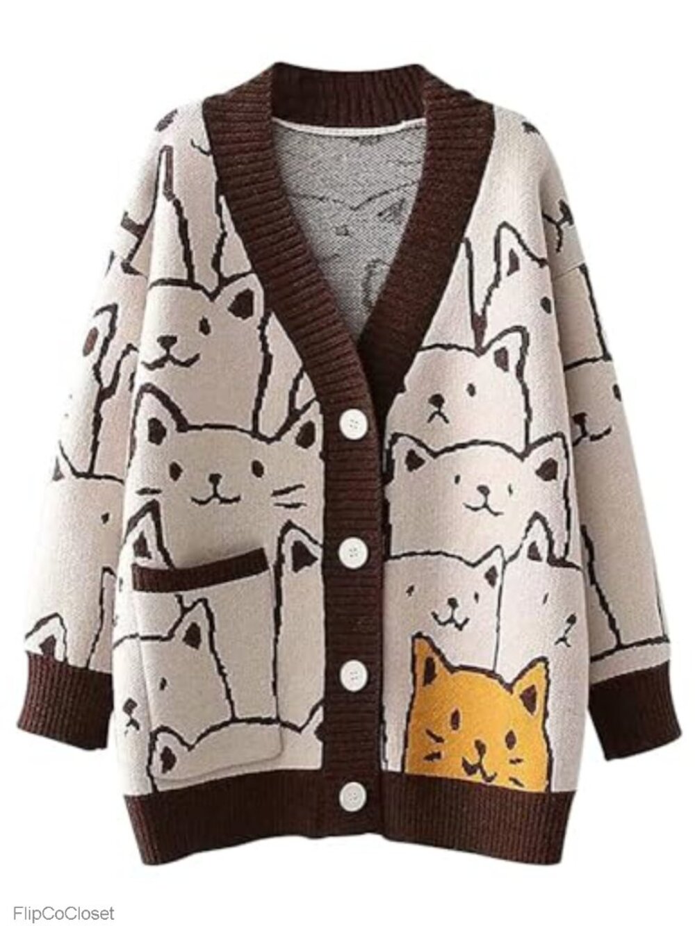Cat Print V-Neck Cardigan Oversized Kawaii Long Sleeve Knit Sweater